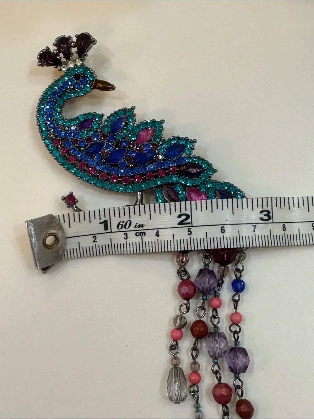 Avon Vintage Rhinestone Peacock Brooch with Dangle Bead Tail - Picture 9 of 10